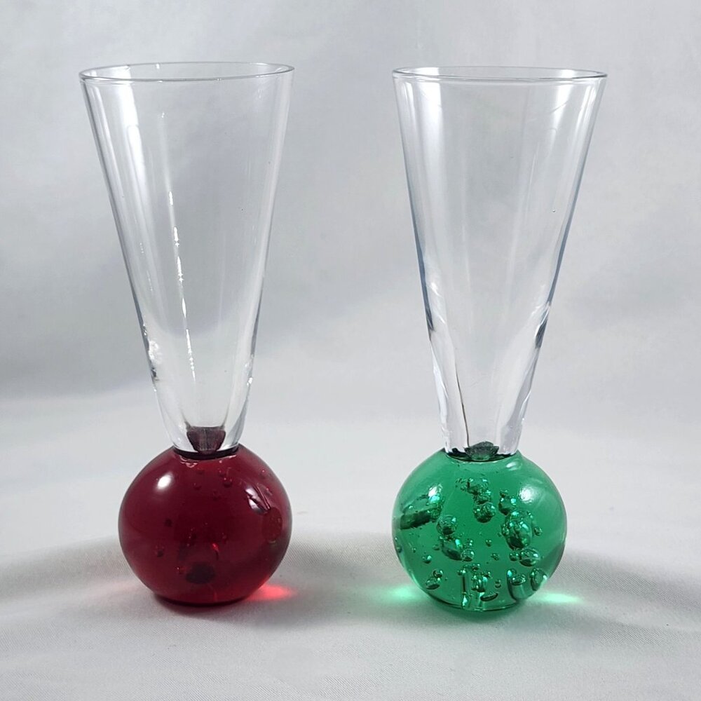 Glass Bubble Base Shot Glass Set 2pc Bud Vase Red & Green Heavy MCM Art Glass